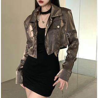 Collared Metallic Buckled Button-Up Crop Jacket / Halter Neck Plain Cutout Chained Mini Bodycon Dress / Set Product Image