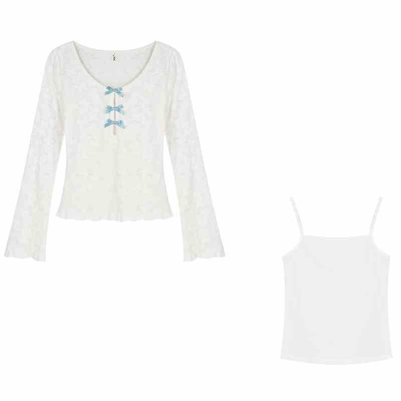 Set: Long Sleeve V-Neck Bow Cutout Lace Top + Plain Cami Top Product Image