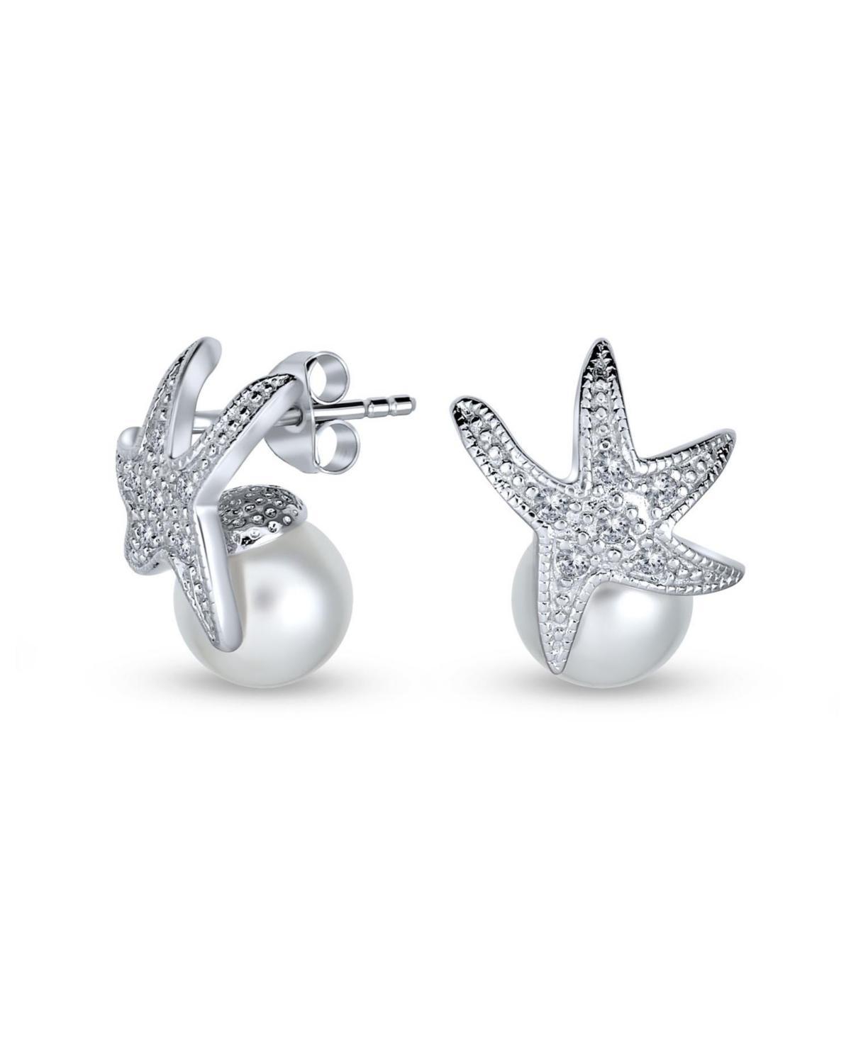 Bling Jewelry Nautical Bride Cz Beach Destination Wedding Simulated Pearl 8MM Starfish Stud Earring For Women Bridesmaids .925 Sterling Silver - Product Image