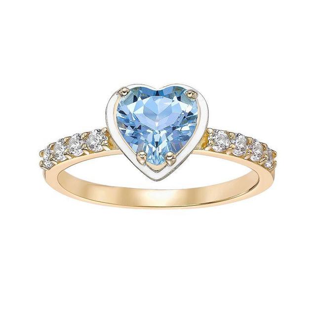 Gemminded 18k Gold Over Silver Blue Topaz & Lab-Created White Sapphire with White Enamel Heart Ring, Womens Product Image