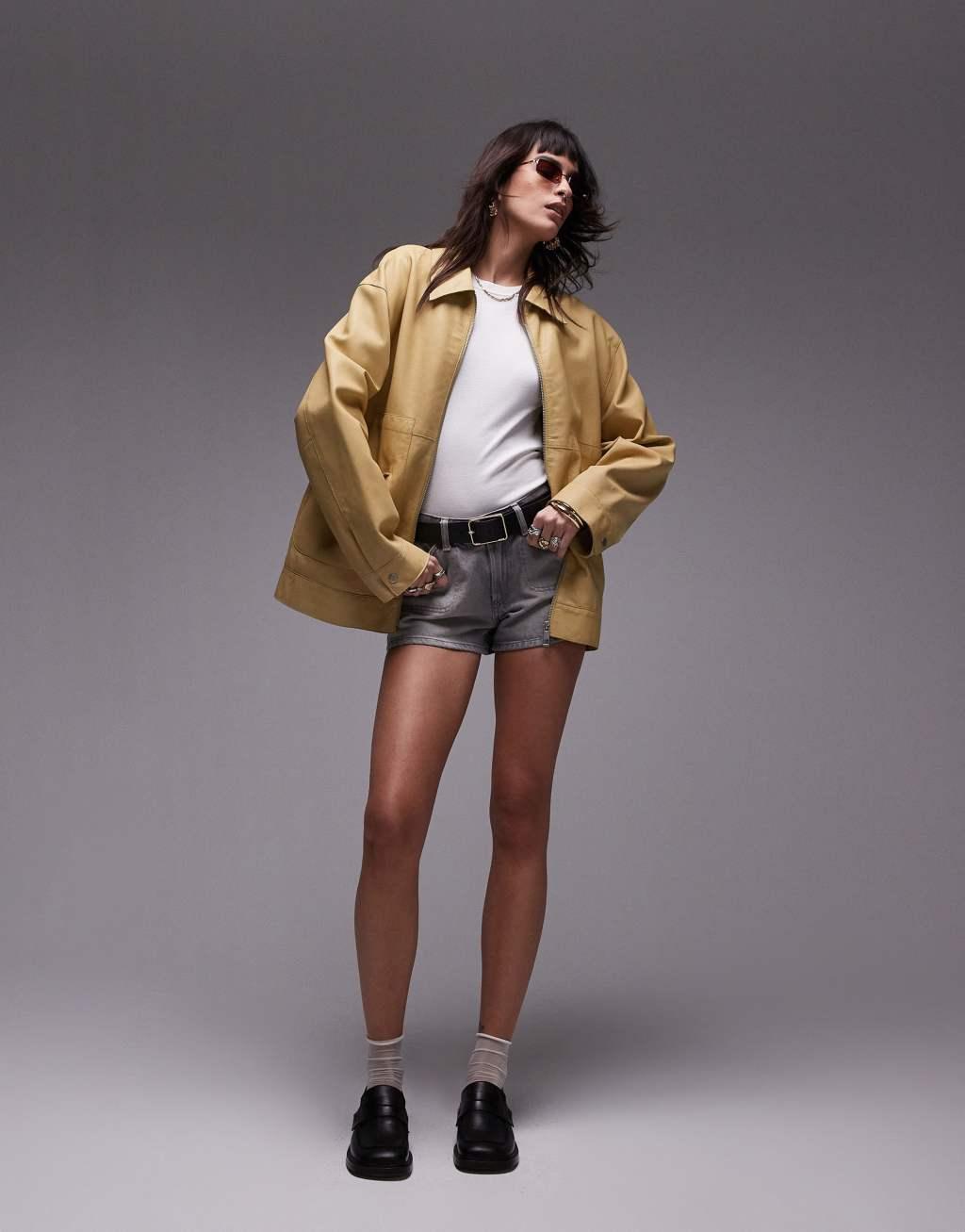 Topshop premium real leather harrington jacket in yellow Product Image