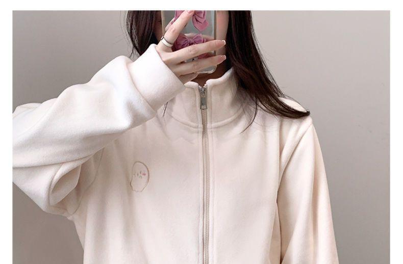 Stand Collar Embroidered Fleece Zip Jacket Product Image