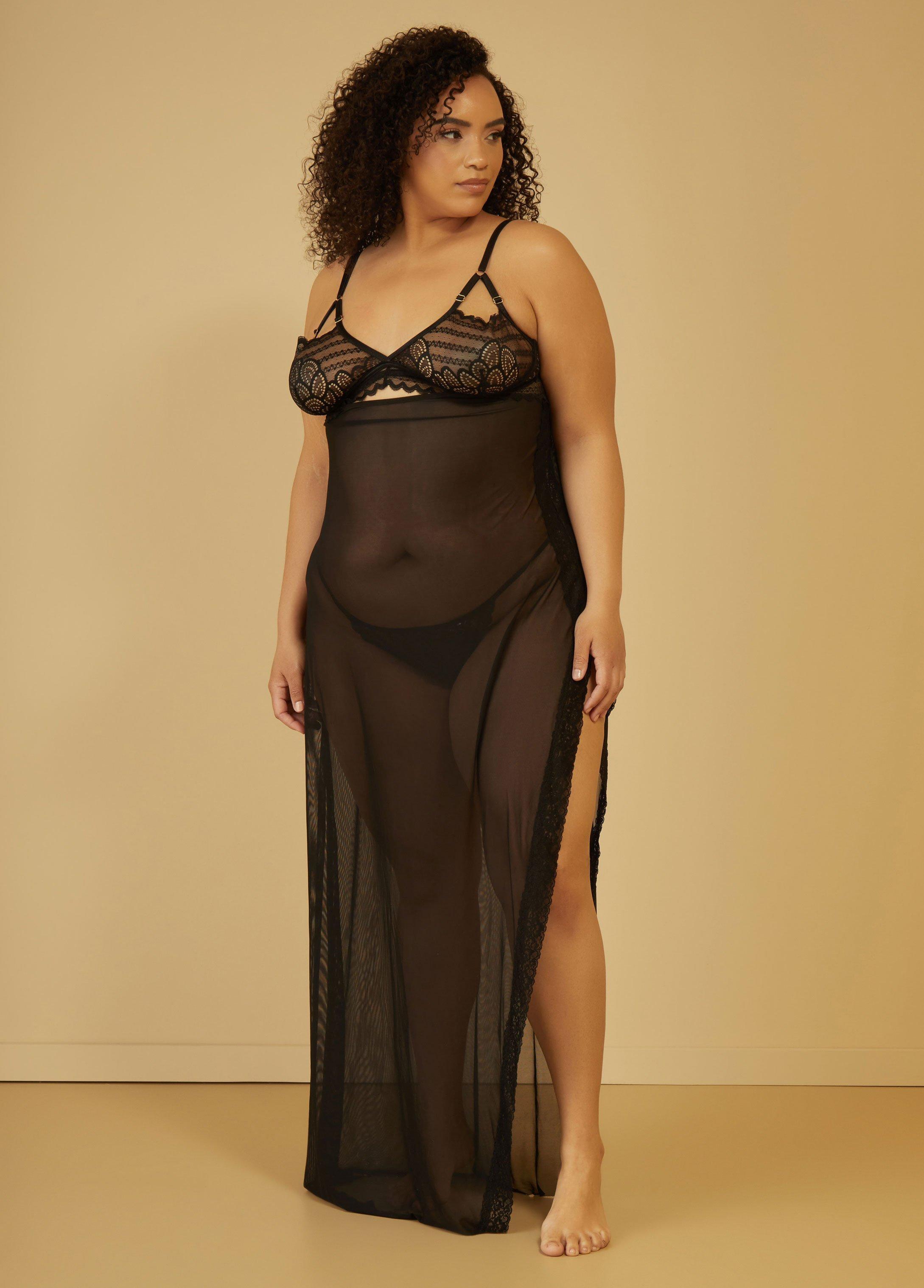 Plus Size Lace Paneled Mesh Gown Set Ashley Stewart Product Image