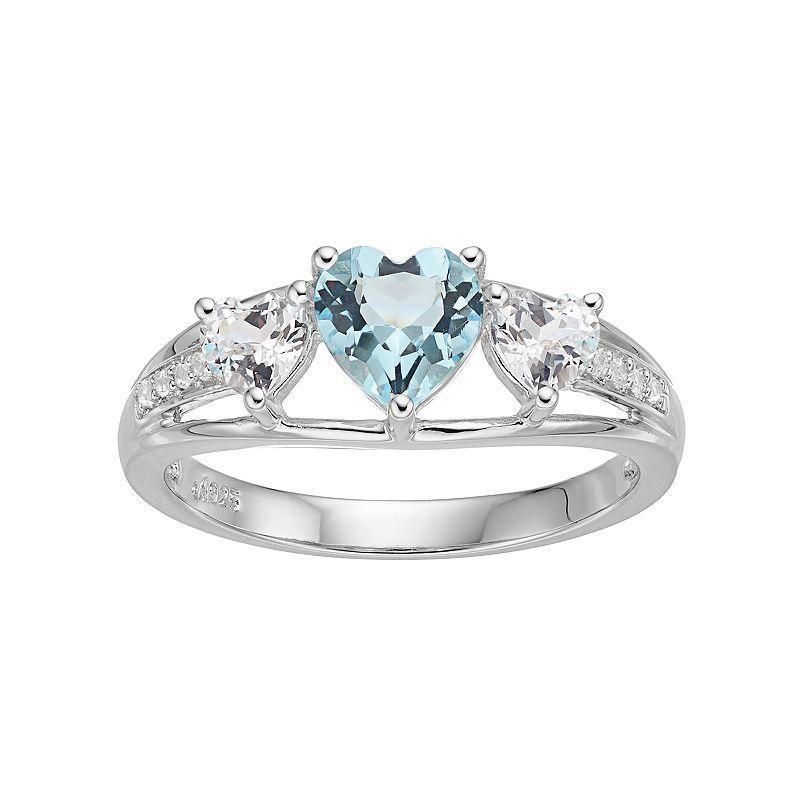 Sterling Silver Simulated Aquamarine & Lab-Created White Sapphire Triple Heart Ring, Womens Blue Product Image