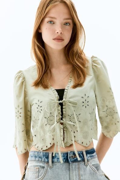 Cropped Blouse with Eyelet Embroidery Product Image