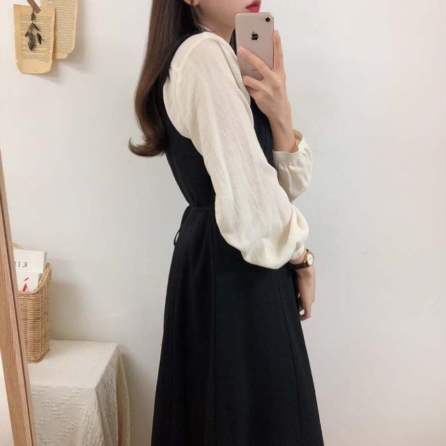 Plain Long-Sleeve Blouse / Midi A-Line Overall Dress Product Image