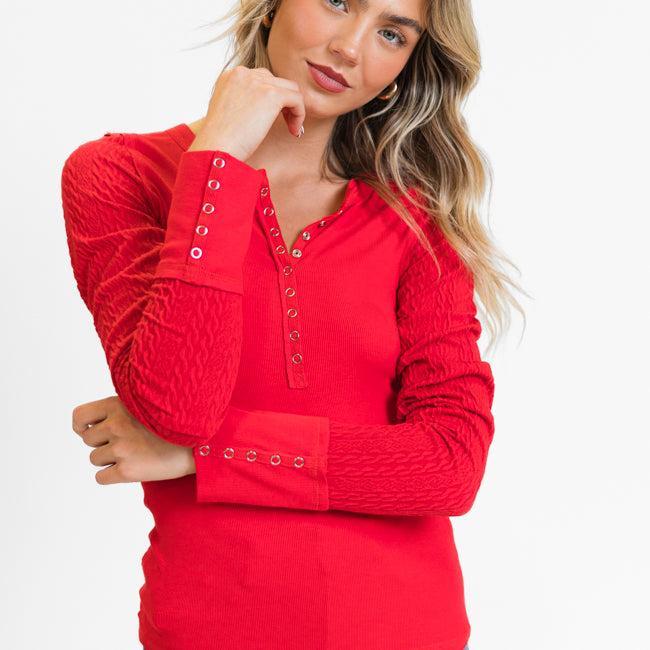 All The Better Red Cable Knit Sleeve Knit Henley Top Product Image