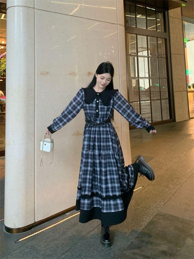 Set: Long-Sleeve Collar Plaid Midi A-Line Dress + Belt Product Image