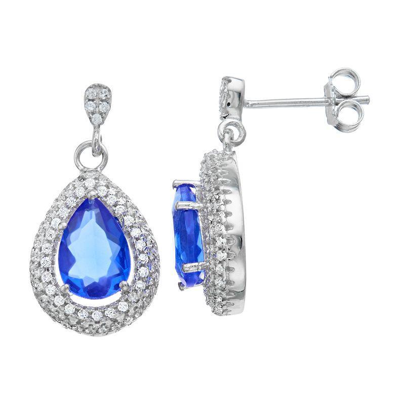 Sterling Silver Blue & White Cubic Zirconia Halo Teardrop Drop Earrings, Womens Product Image