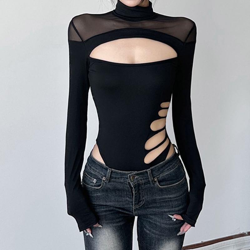 Long Sleeve Turtleneck Cutout Hollow Out Bodycon Bodysuit Top Product Image