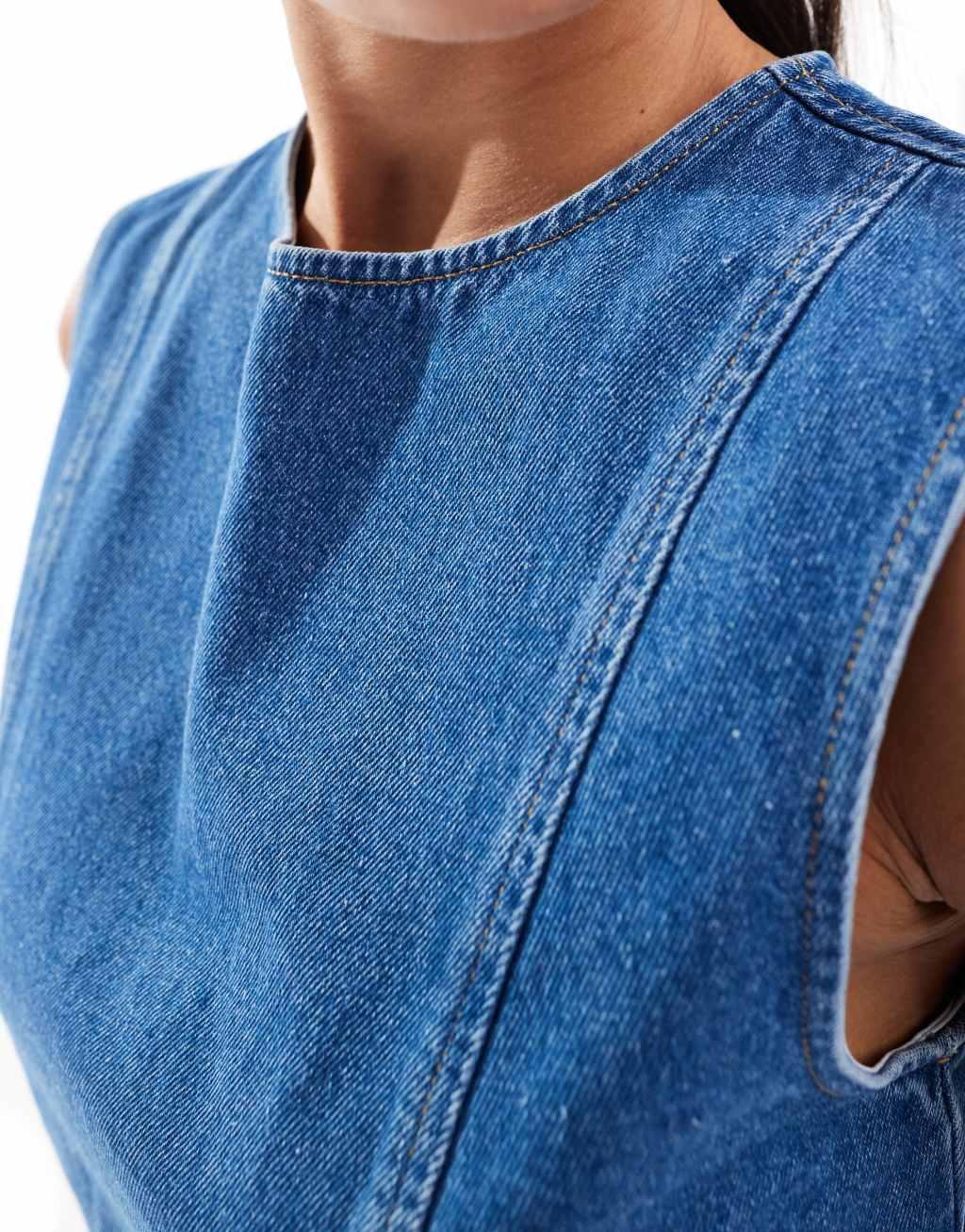 ASOS DESIGN denim high neck top in mid blue Product Image