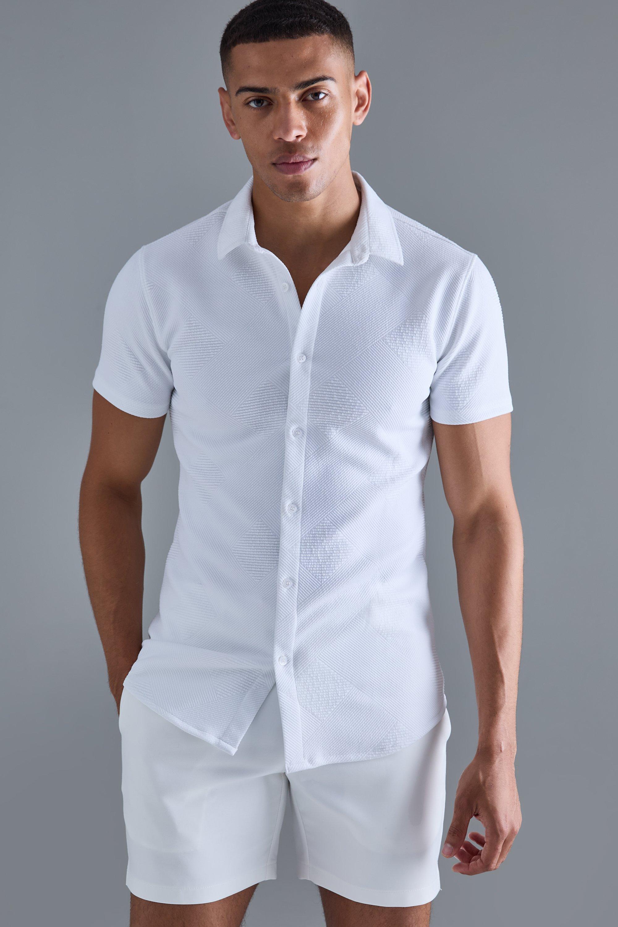 Mens White Short Sleeve Muscle Geo Stripe Shirt, White Product Image