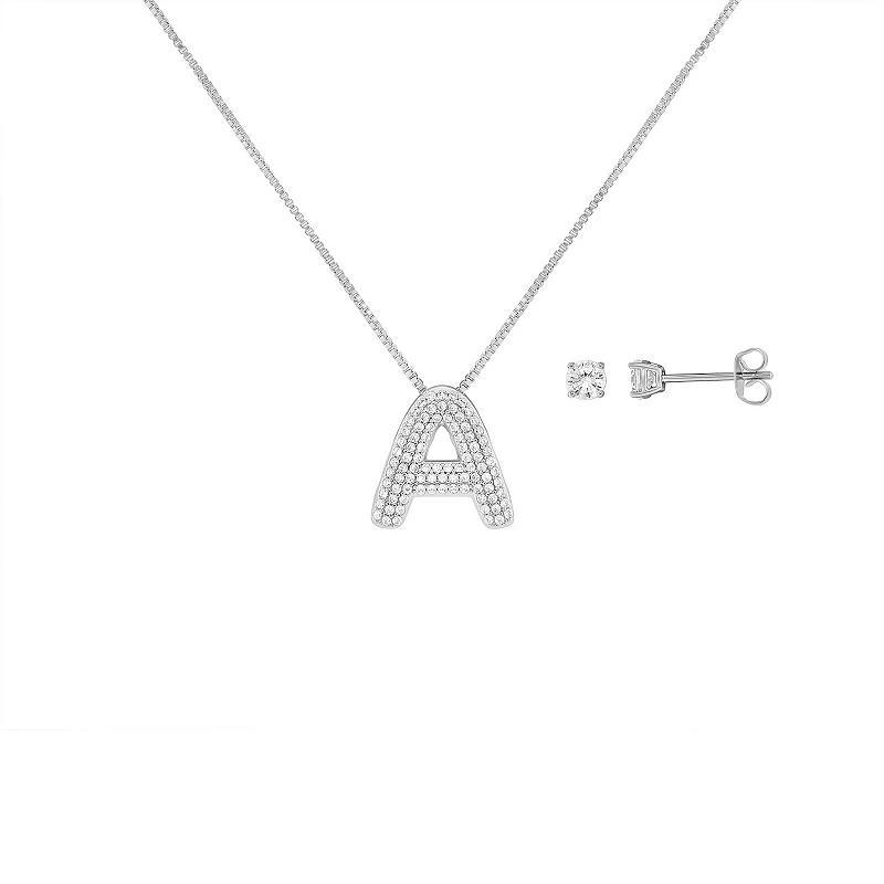 Brilliance Silver Plated Cubic Zirconia Stud Earrings and Initial Pendant Necklace Set, Womens Silver Tone S Product Image