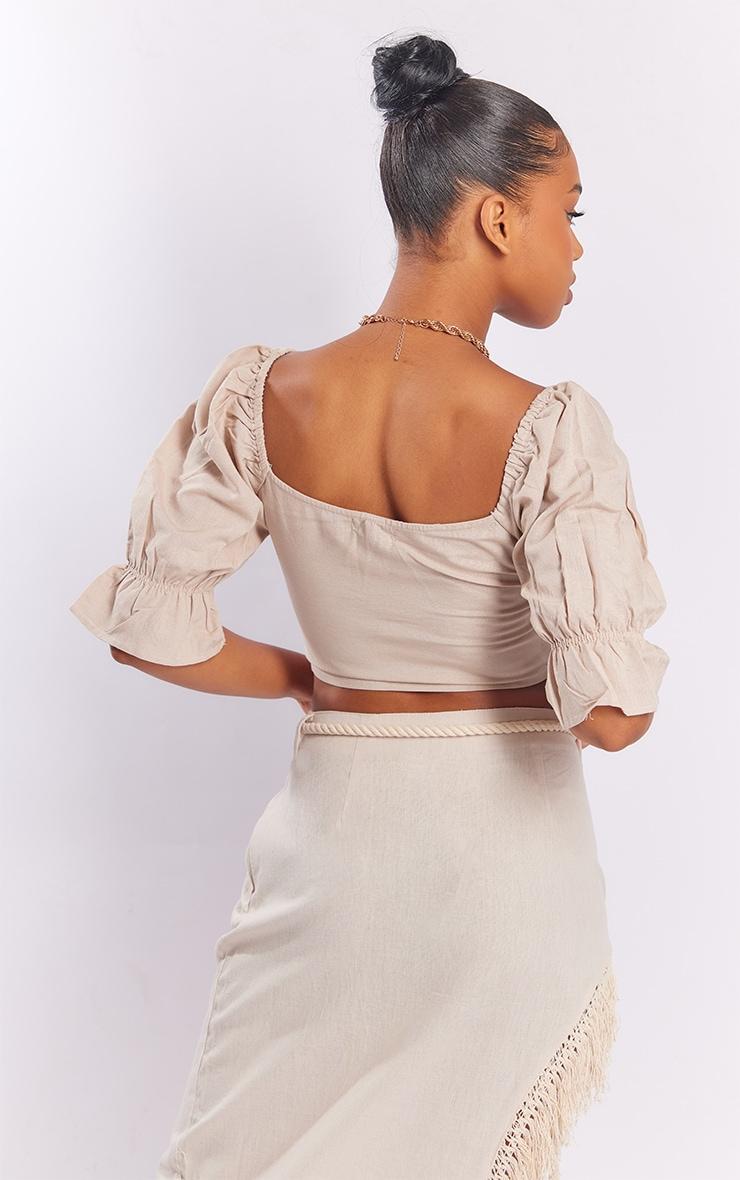 Stone Linen Look Bar Detail Puff Sleeve Crop Top Product Image