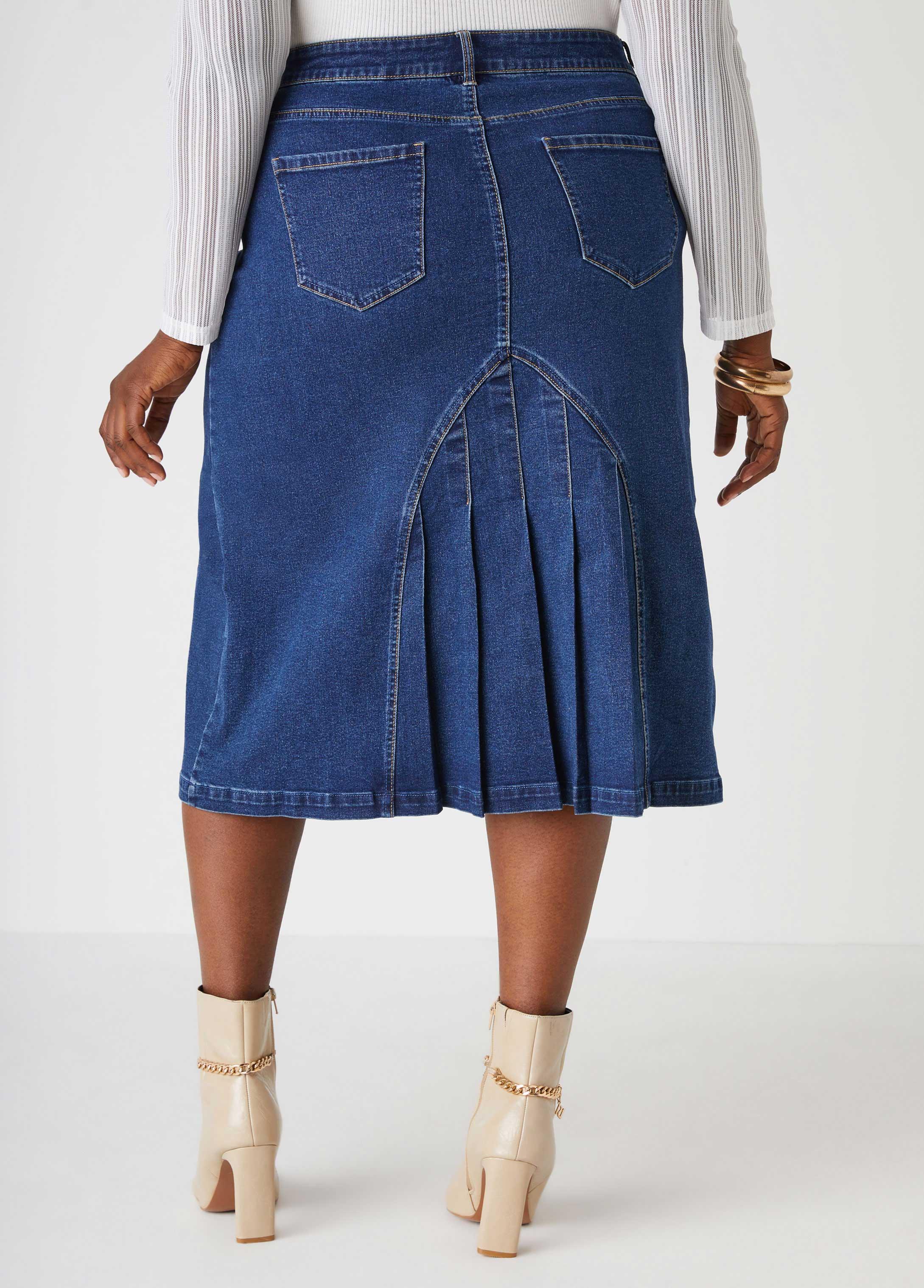 Pleated Denim Midi Skirt Product Image