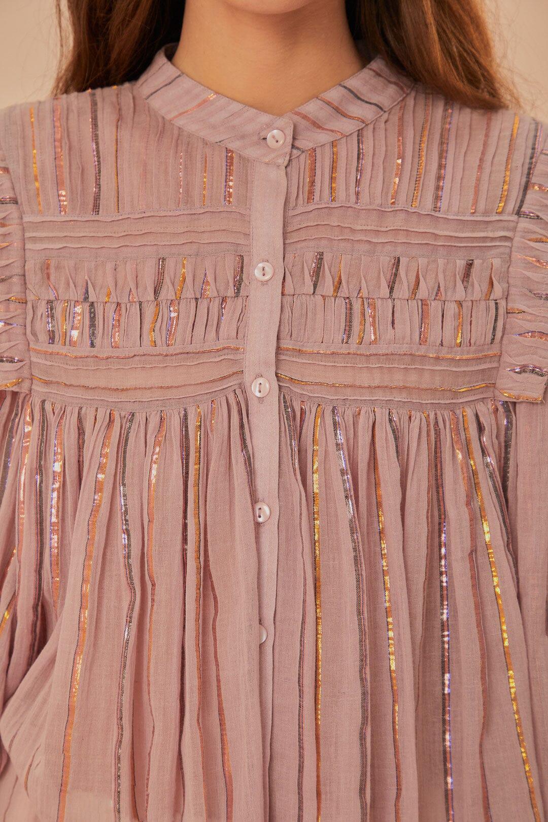 Light Pink Pleated Yoke Long Sleeve Blouse Product Image