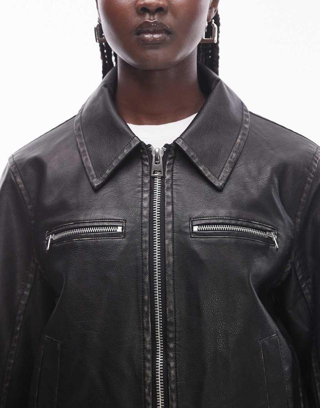 Topshop faux leather fitted jacket in washed black Product Image