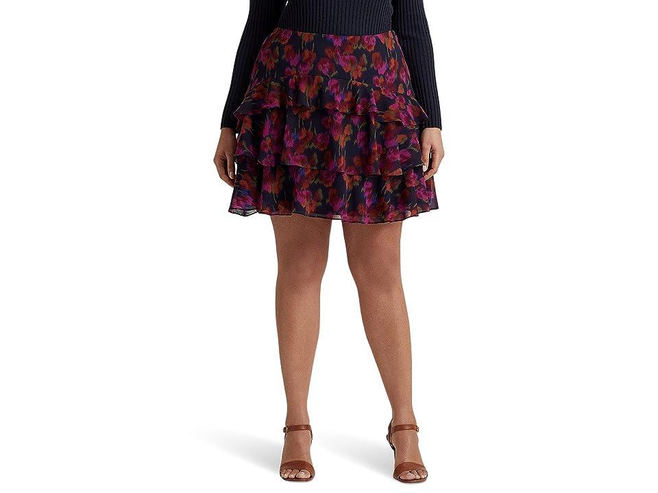 LAUREN Ralph Lauren Plus Size Floral Crinkle Georgette Tiered Skirt (Blue Multi) Women's Skirt Product Image