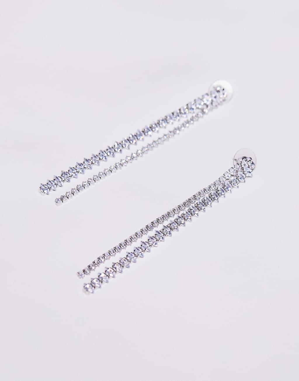 ASOS DESIGN drop earrings with mixed crystal linear detail in silver tone Product Image