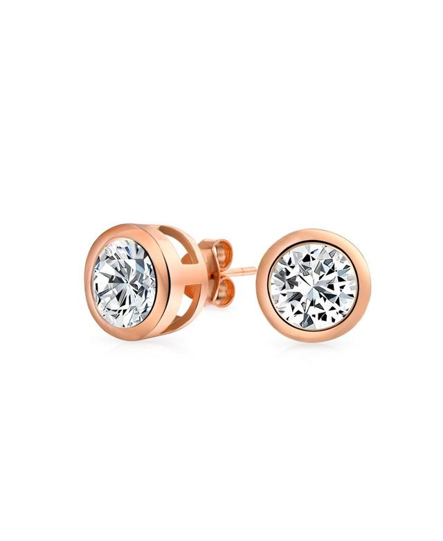 Bling Jewelry Simple Classic Bezel Set Cubic Zirconia Aaa Cz Round Solitaire Stud Earrings For Women Rose Gold Plated .925 Sterling Silver 7MM Product Image