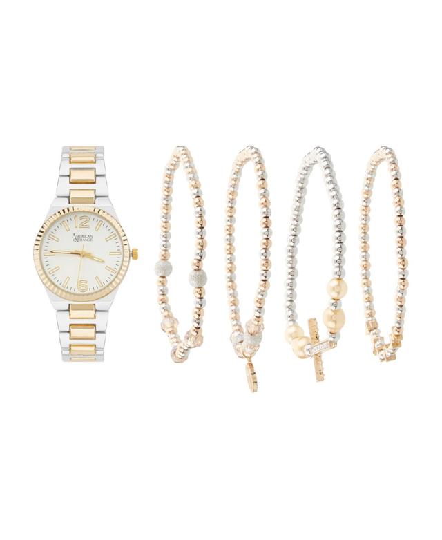 American Exchange Womens Shiny Two-Tone Metal Alloy Analog Watch 33mm with Stackable Bracelets Gift Set - Shiny Gold Product Image