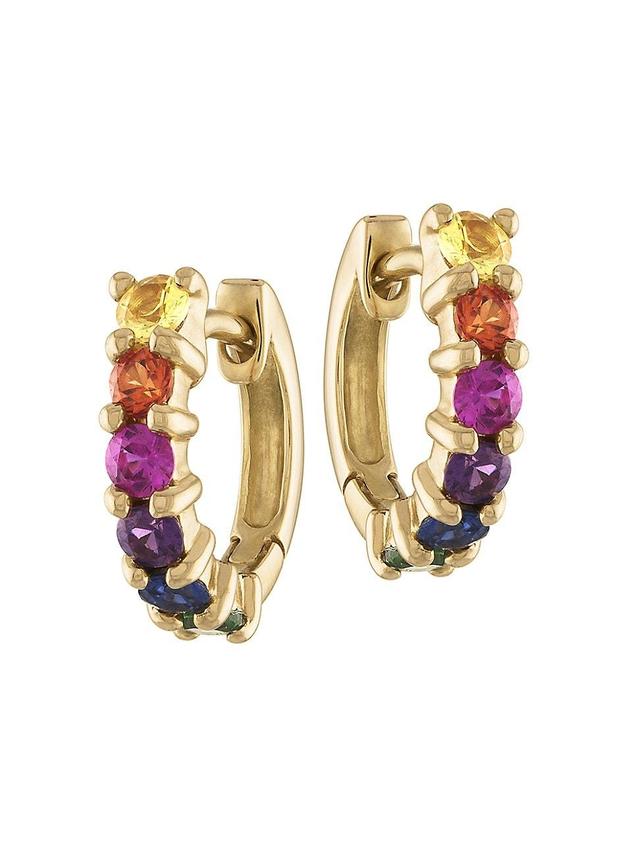 Womens 14K Yellow Gold & Rainbow Sapphire Huggie Hoop Earrings Product Image