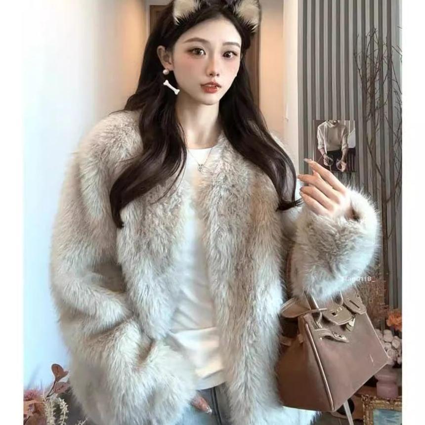 V-Neck Plain Fluffy Button Jacket Product Image