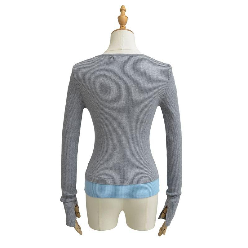 Mock Two-Piece Long-Sleeve V-Neck Two Tone Knit Top Product Image