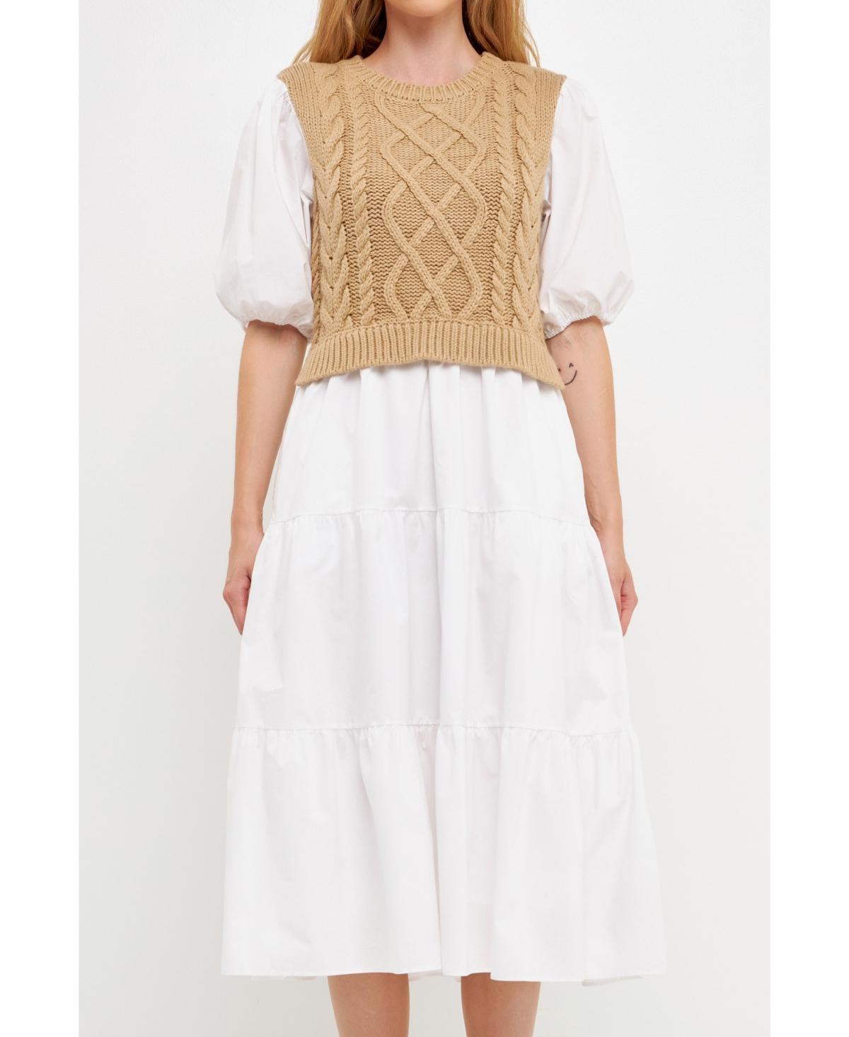 English Factory Womens Mixed Media Cable Knit Down Midi Dress - Tan Product Image