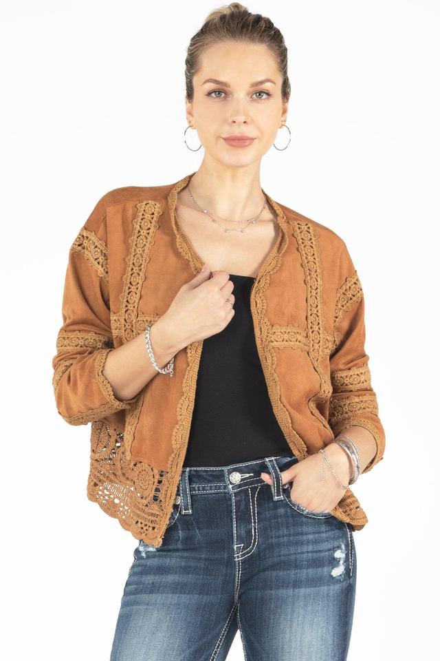 Faux Suede Crochet Open Cardigan Product Image