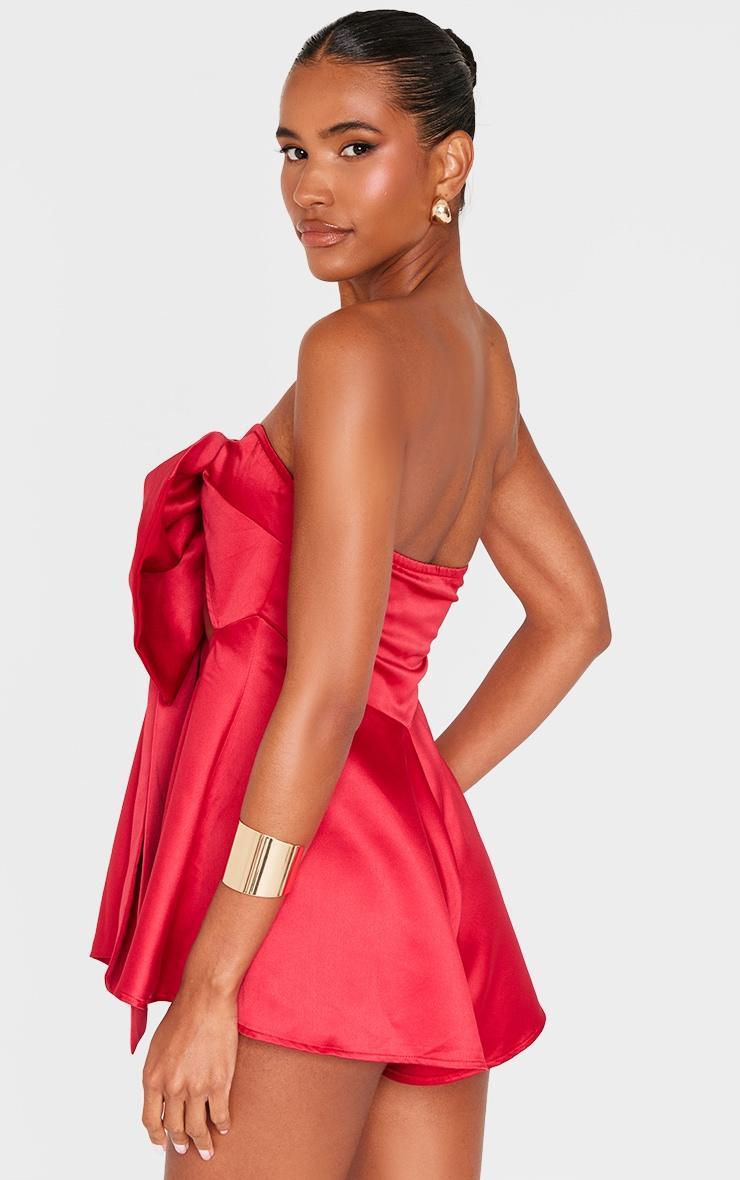 Red Satin Oversized Bow Bandeau Romper Product Image