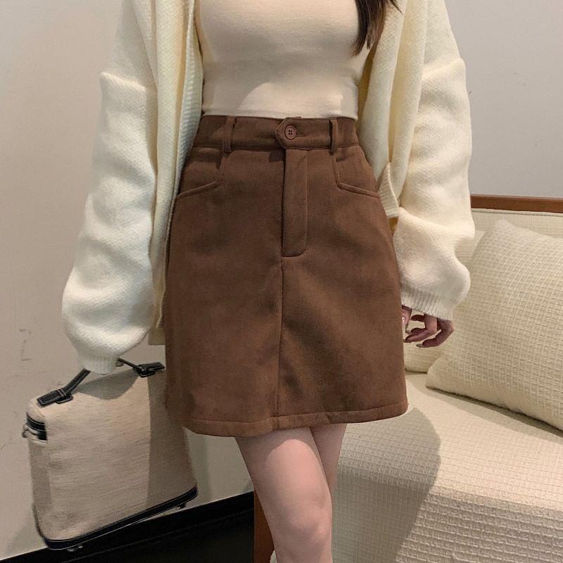 High Waist Plain Fleece-Lined Corduroy Mini A-Line Skirt Product Image