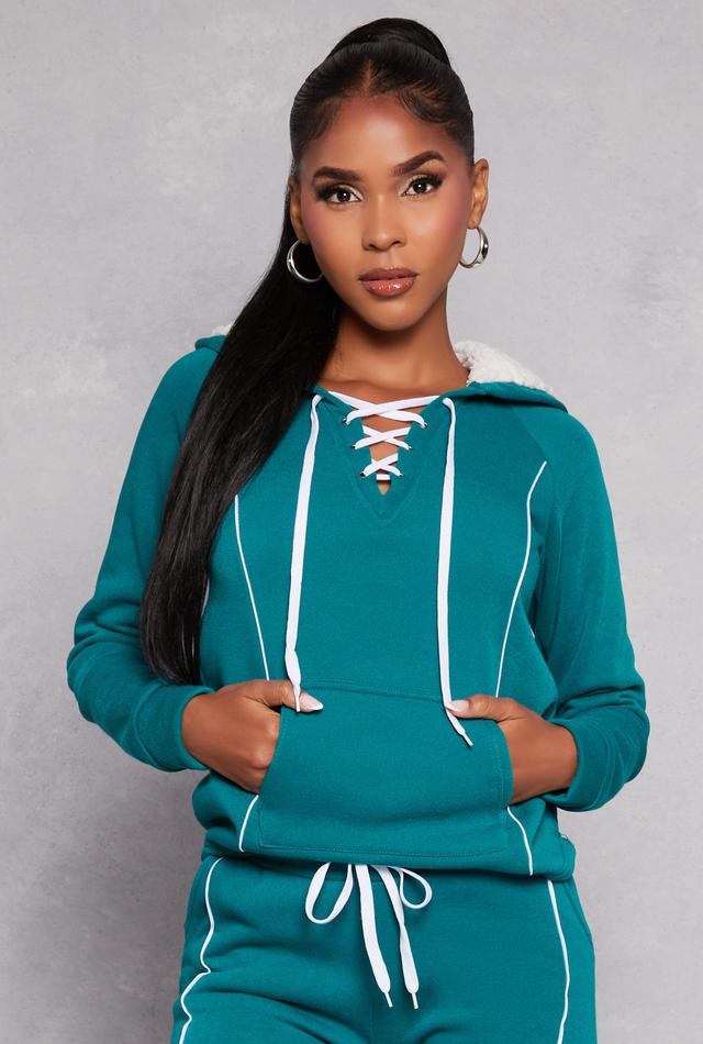 Womens Fleece Contrast Piping Lace Up Pullover Hoodie Product Image