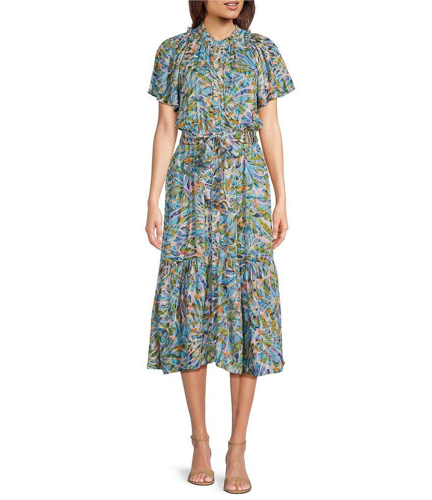 Democracy Floral Woven V-Neck Short Sleeve Belted Button-Front Midi Shirt Dress Product Image