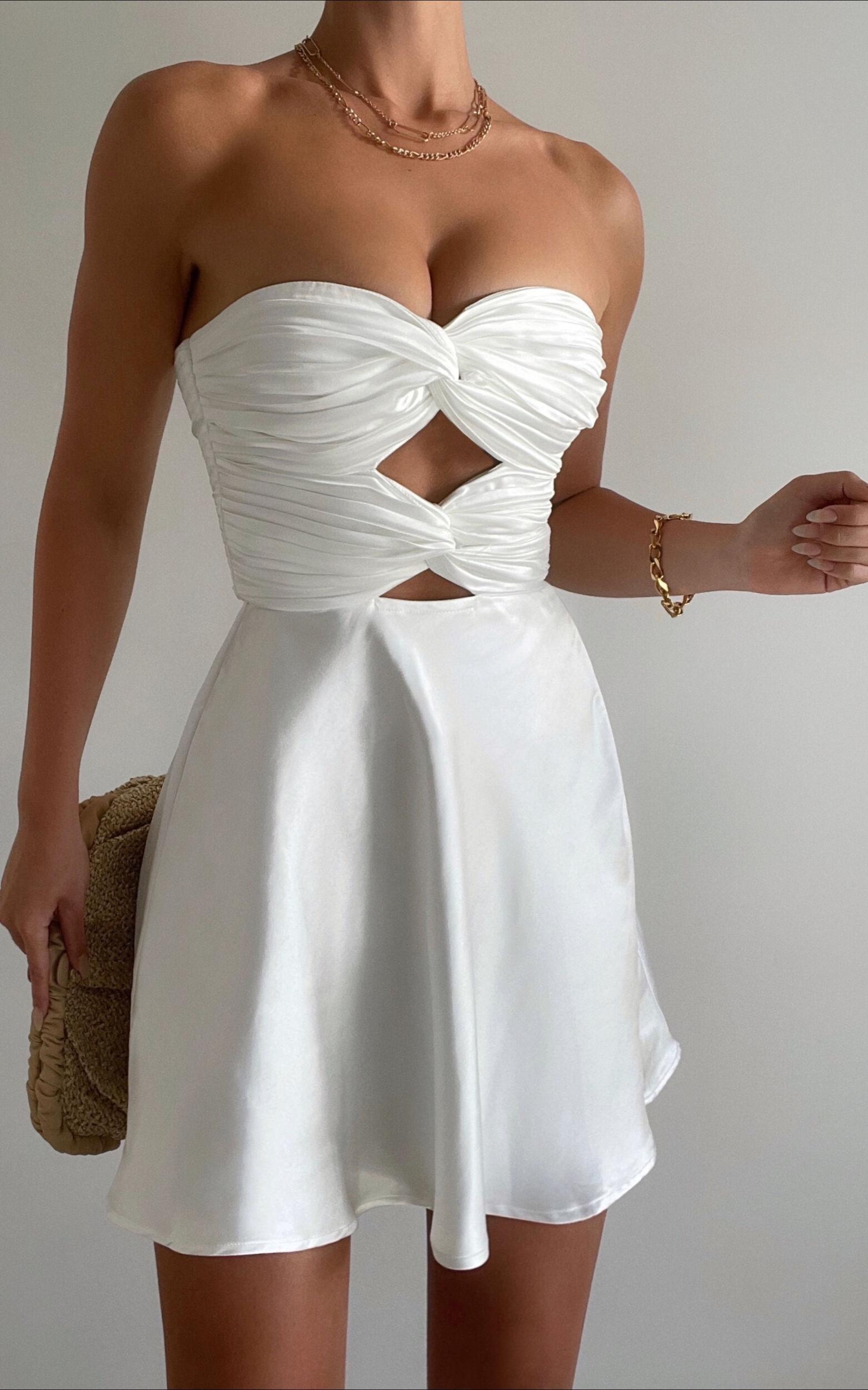 Almaeh Mini Dress - Twist Front Cut Out Strapless Slip Dress in White Product Image