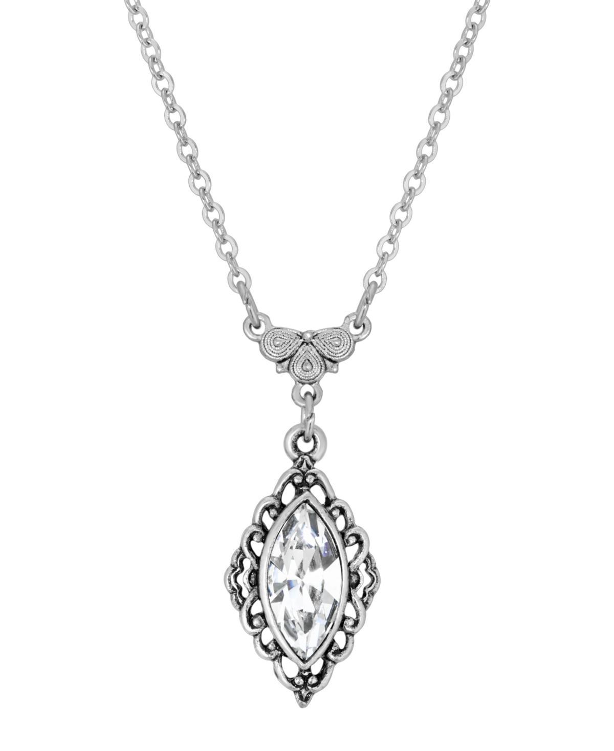 1928 Silver Tone Simulated Crystal Filigree Pendant Necklace, Womens, Clear Product Image