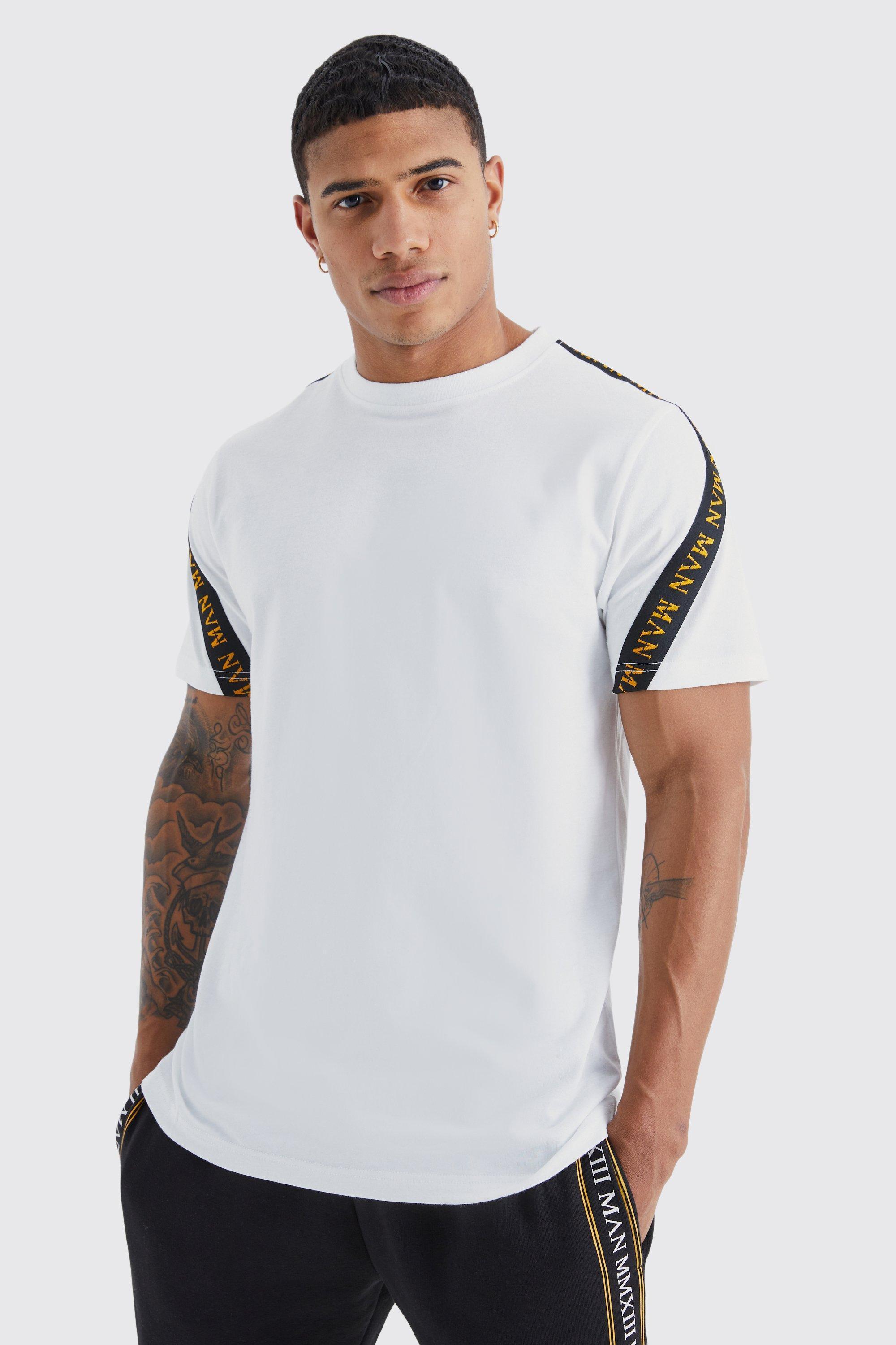 Man Gold Slim Fit Tape Tshirt | boohooMAN USA Product Image