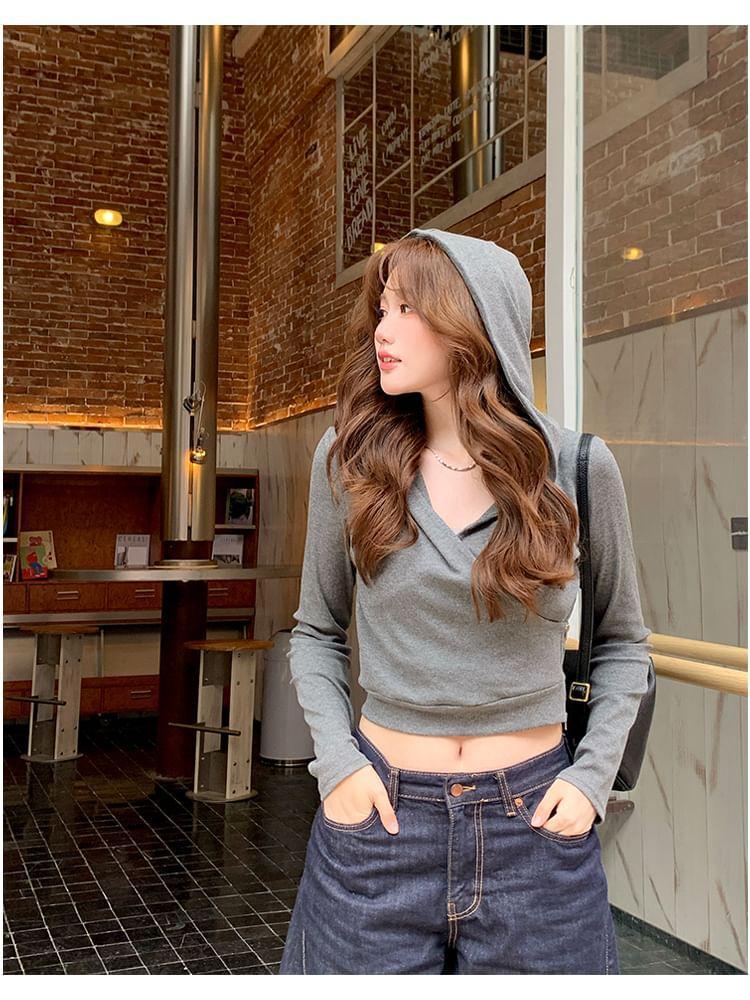 Long Sleeve V-Neck Plain Hood Wrap Top Product Image