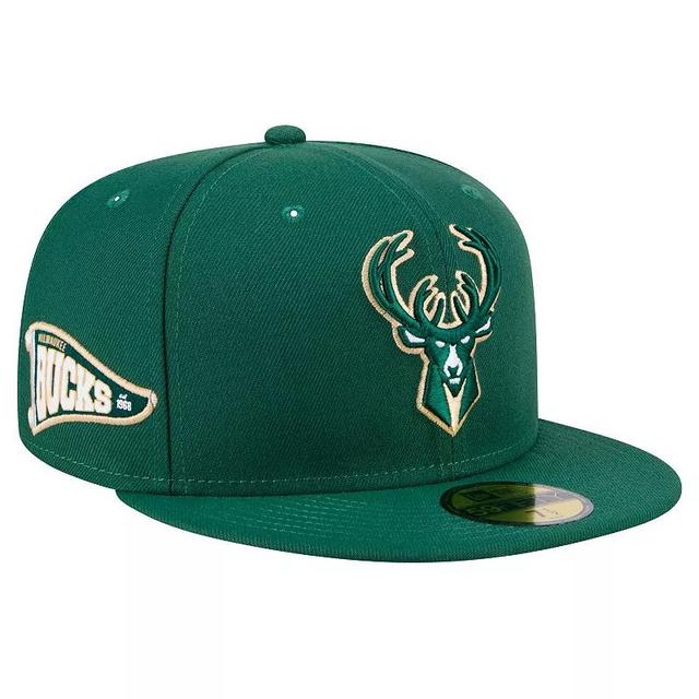 Mens New Era Hunter Green Milwaukee Bucks Throwback Pennant 59FIFTY Fitted Hat Product Image