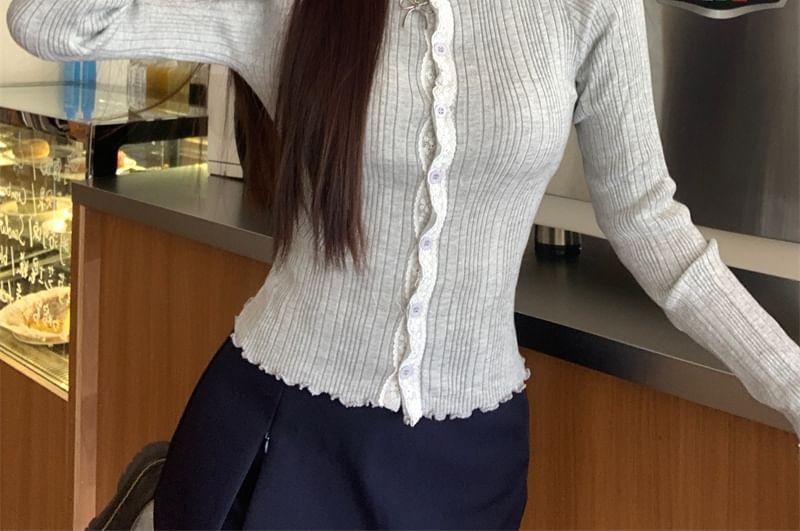 Crew Neck Lace Trim Lettuce Edge Button-Up Crop Cardigan Product Image