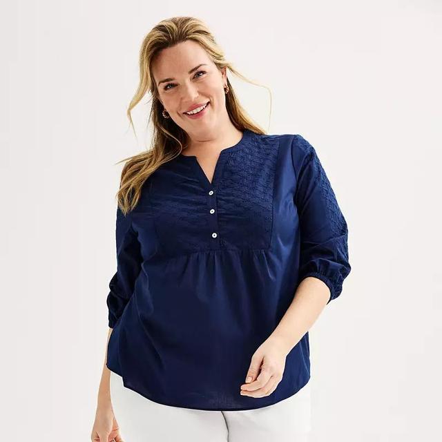 Plus Size Croft & Barrow Eyelet Detail Popover Top, Womens Seattle Blue Product Image