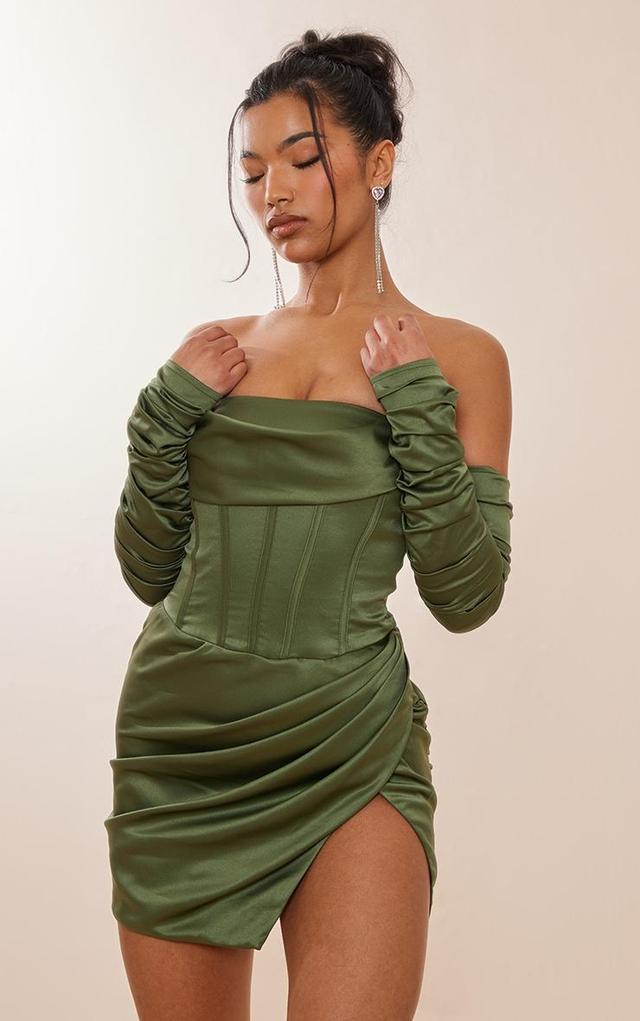 Sage Khaki Satin Corset Ruched Sleeve Bodycon Dress Product Image