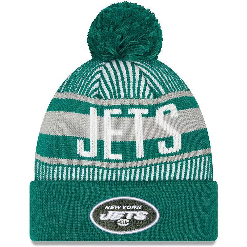 Mens New Era Green New York Jets Striped Cuffed Knit Hat with Pom Product Image