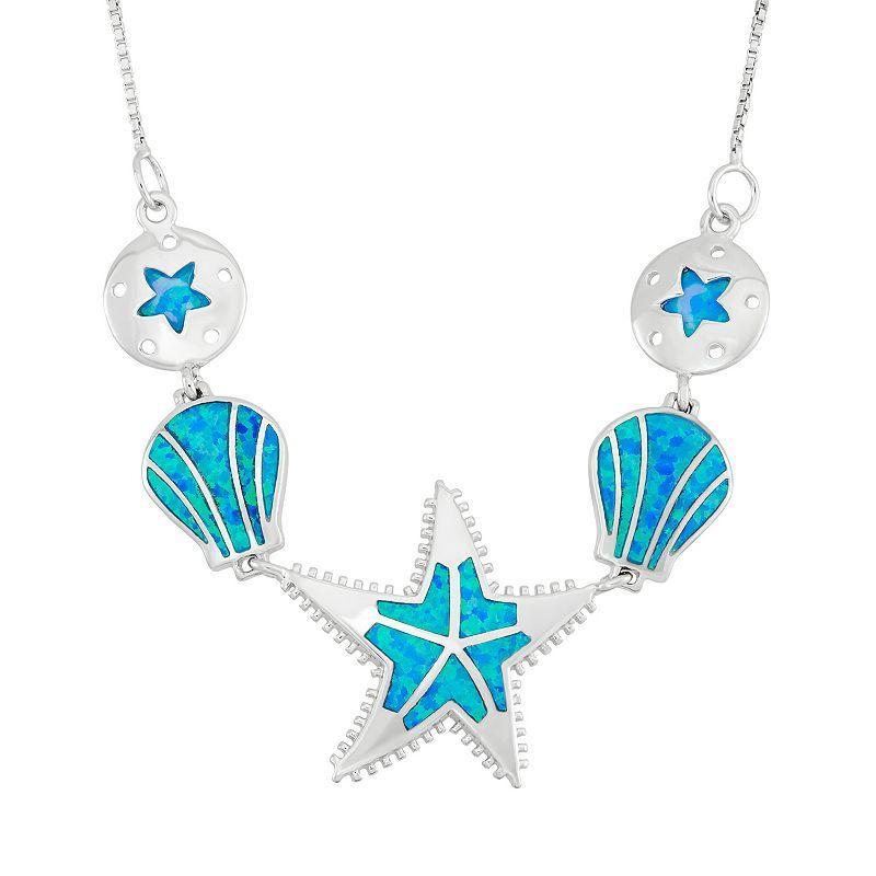 Lab-Created Blue Opal Sterling Silver Starfish & Shell Necklace, Womens, Size: 18 Product Image