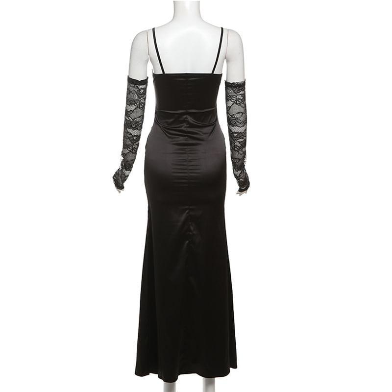 Spaghetti Strap V-Neck Mesh Maxi Sheath Dress Product Image