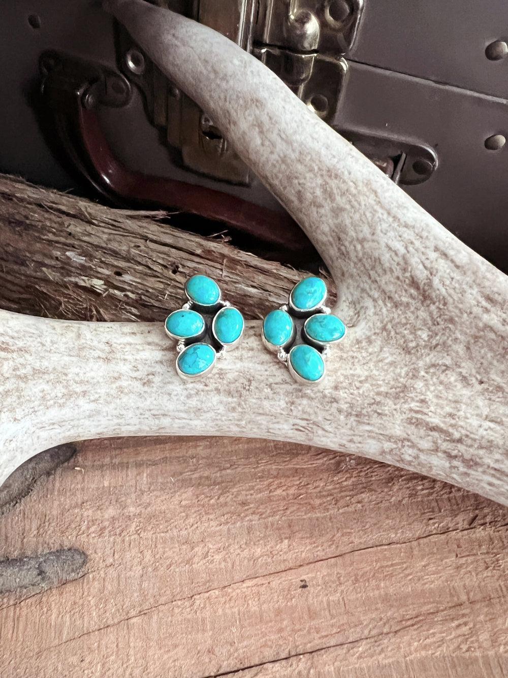 Turquoise Cluster Sterling Silver Navajo Earrings Product Image