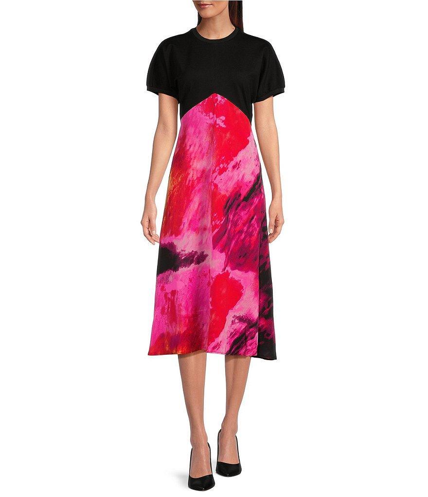 DKNY by Donna Karan Mixed Media Crepe Bodice Crew Neck Short Sleeve Satin Skirt Dress Product Image