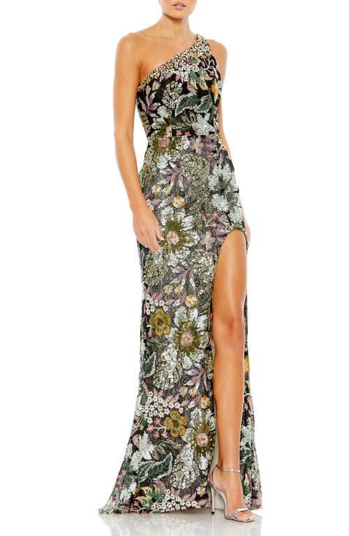 Mac Duggal Sleeveless Asymmetric One Shoulder Floral Embroidered Thigh High Slit Sheath Gown Product Image