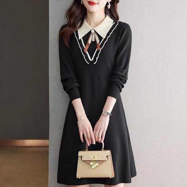 Long Sleeve Collared Bowknot Mini A-Line Dress Product Image