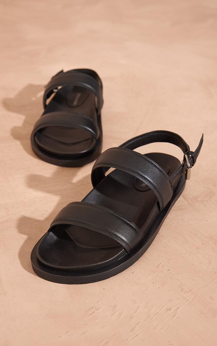 Black Real Leather Round Toe Strap Flatbed Sandals Product Image